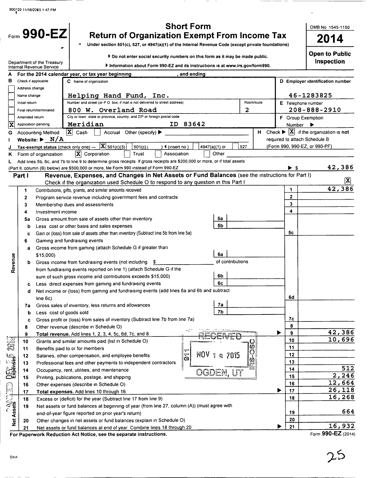 Image of first page of 2014 Form 990EZ for Helping Hand Fund