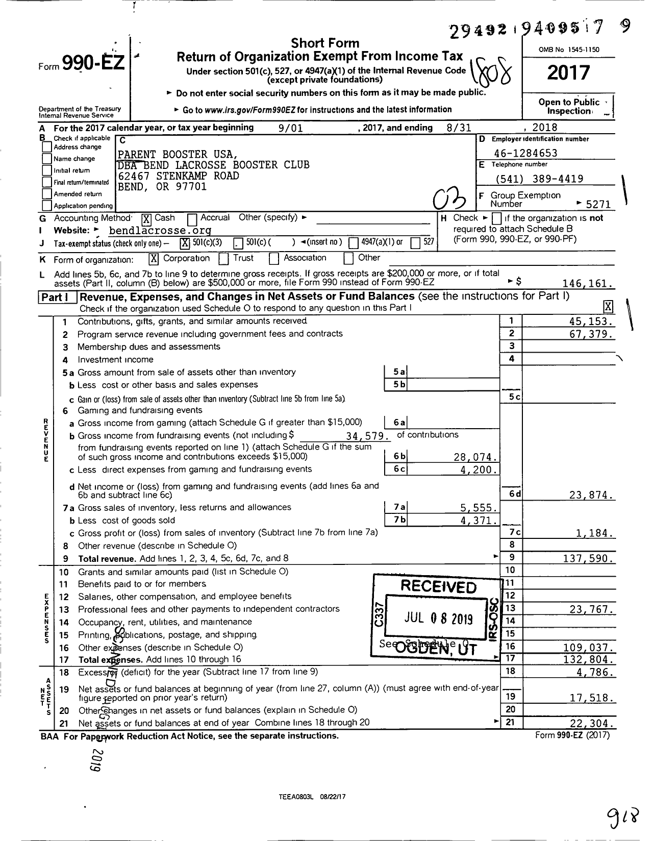 Image of first page of 2017 Form 990EZ for Bend Lacrosse Booster Club