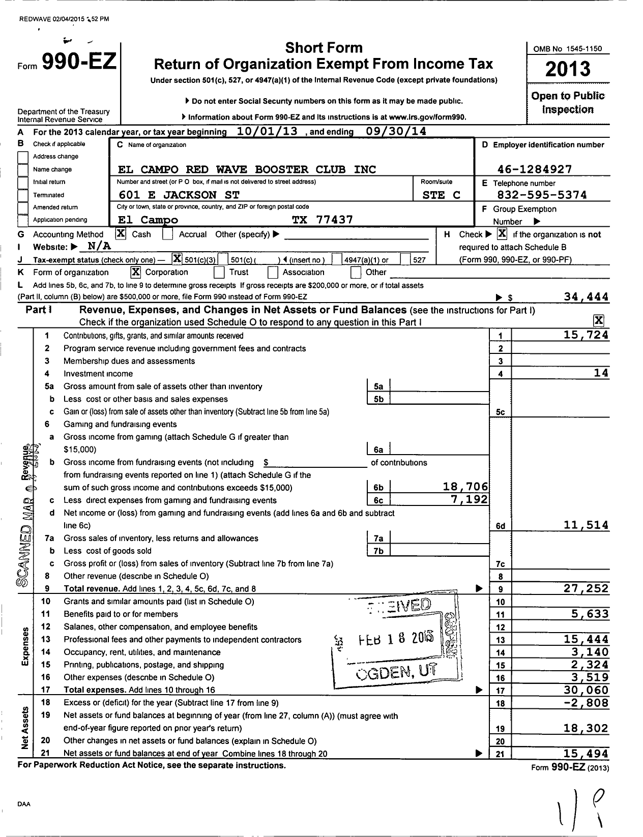 Image of first page of 2013 Form 990EZ for El Campo Red Wave Booster Club