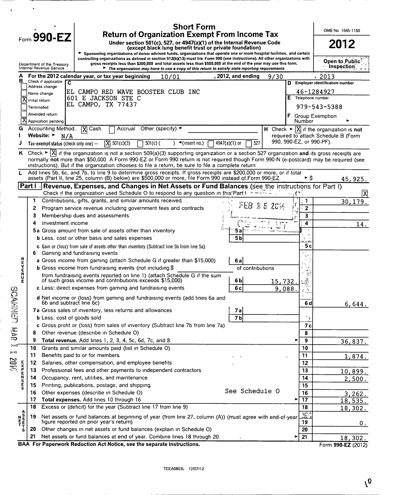 Image of first page of 2012 Form 990EZ for El Campo Red Wave Booster Club