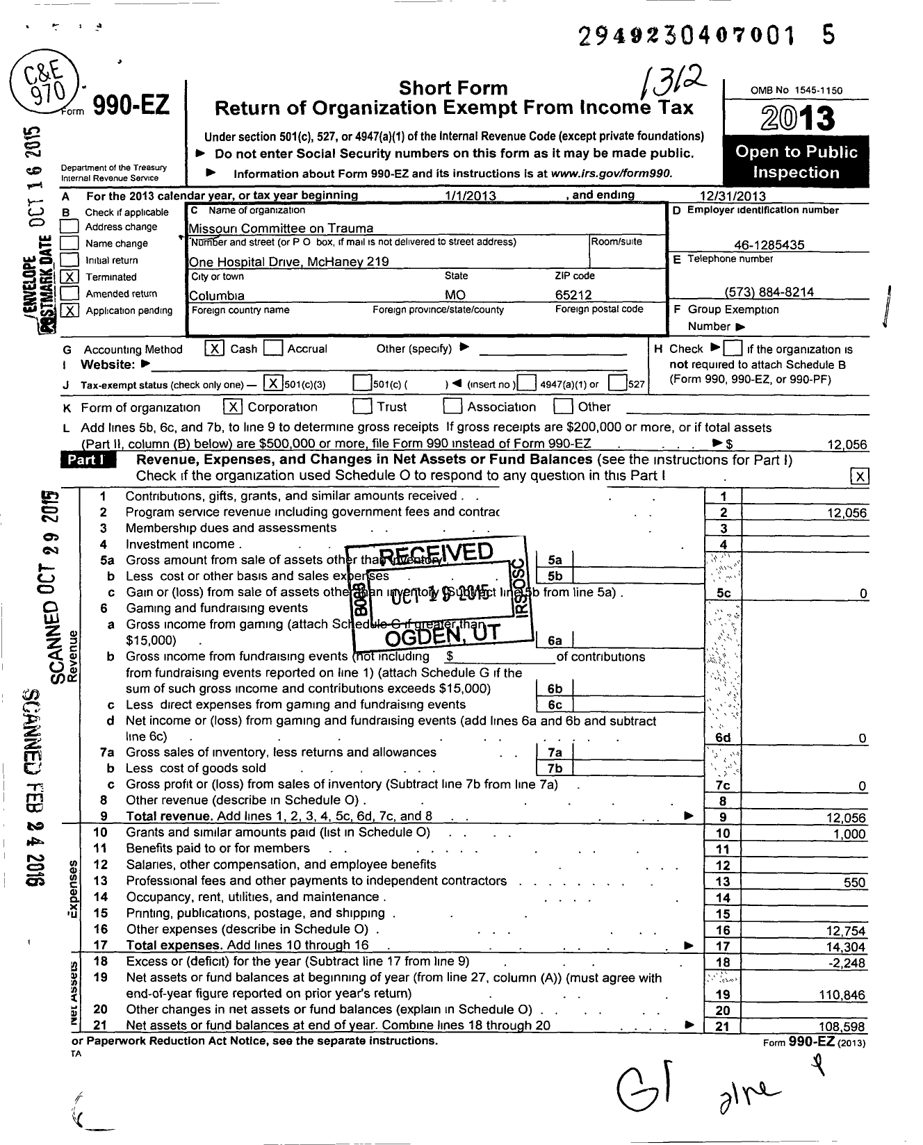 Image of first page of 2013 Form 990EZ for Missouri Commitee on Trauma