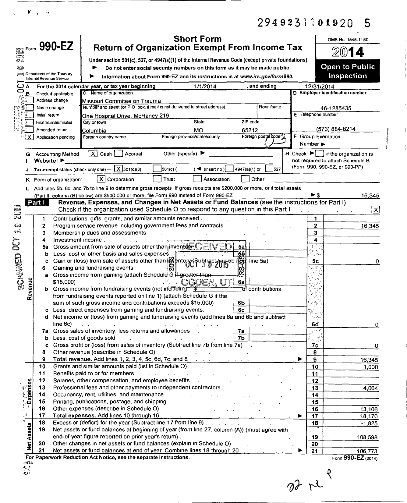 Image of first page of 2014 Form 990EZ for Missouri Commitee on Trauma