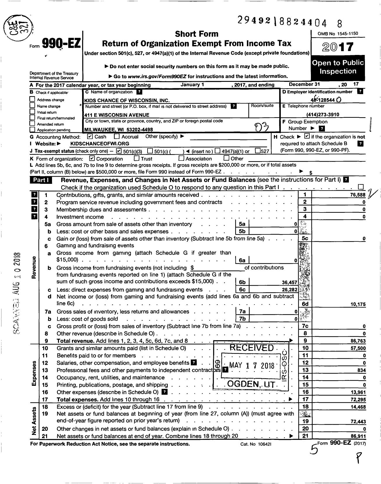 Image of first page of 2017 Form 990EZ for Kids Chance of Wisconsin Amy L Peacock