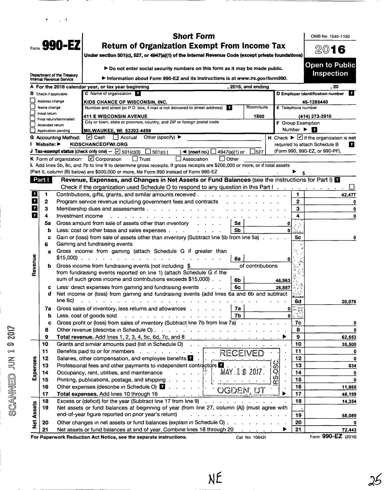 Image of first page of 2016 Form 990EZ for Kids Chance of Wisconsin Amy L Peacock