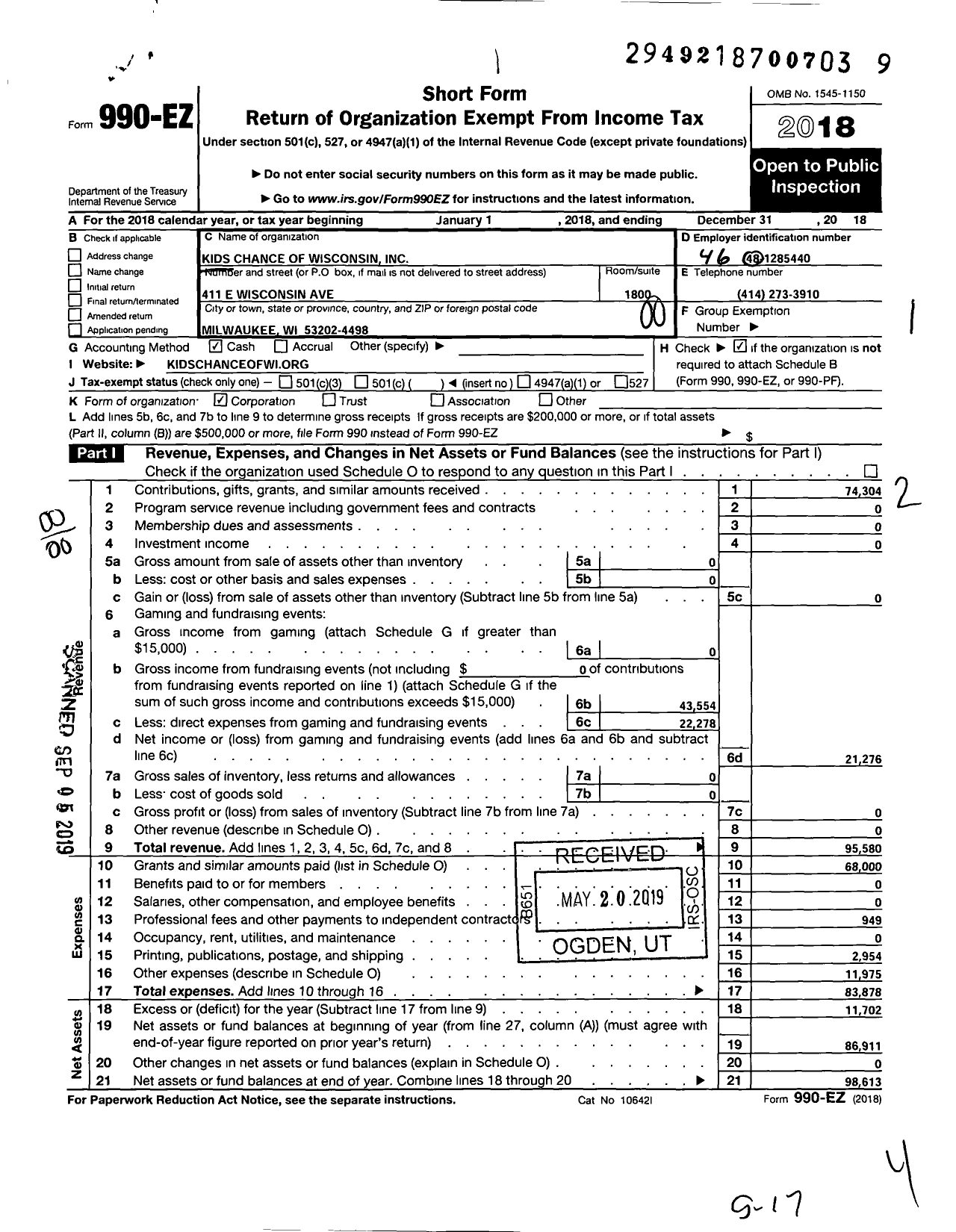 Image of first page of 2018 Form 990EO for Kids Chance of Wisconsin Amy L Peacock
