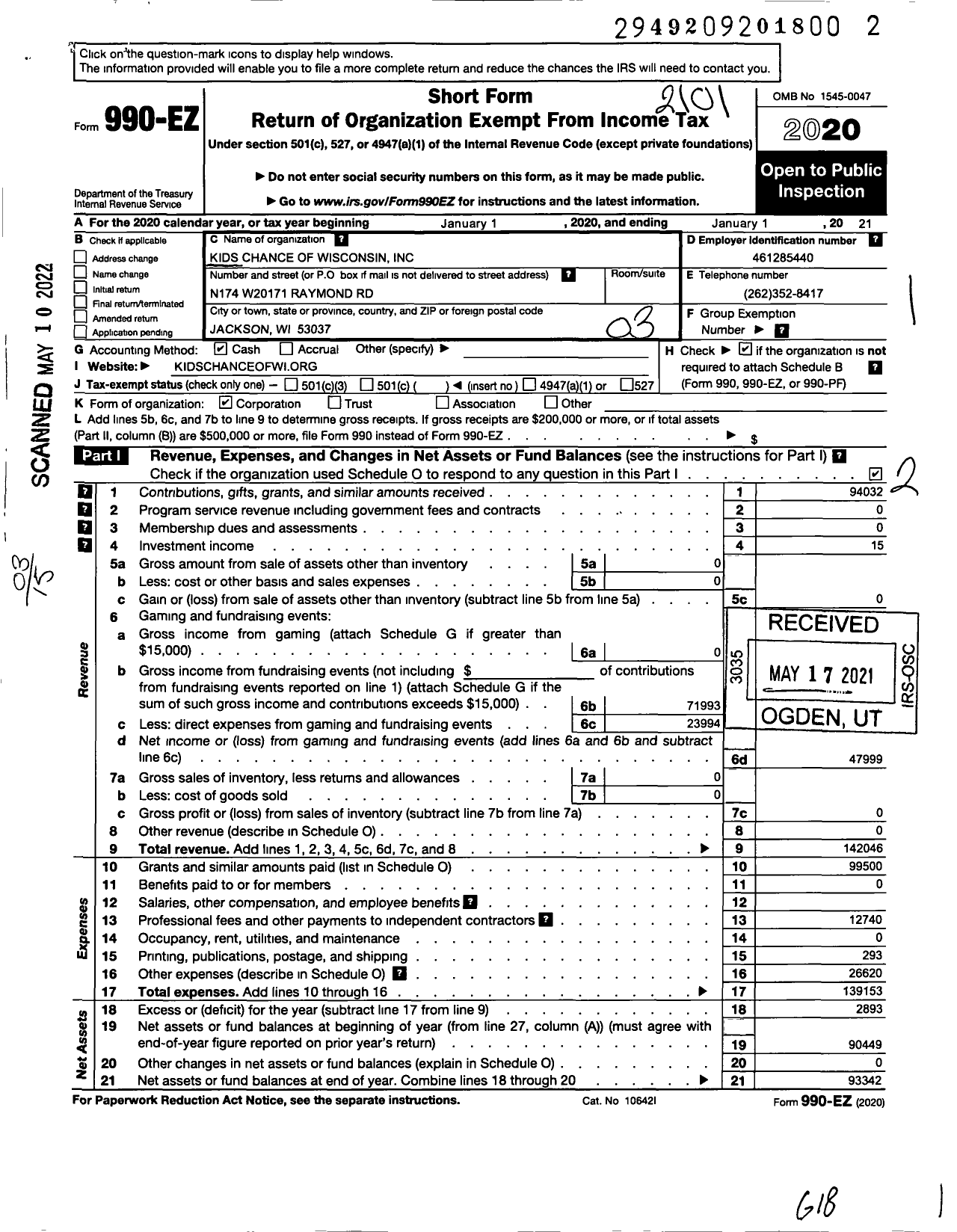 Image of first page of 2020 Form 990EZ for Kids Chance of Wisconsin Amy L Oelke