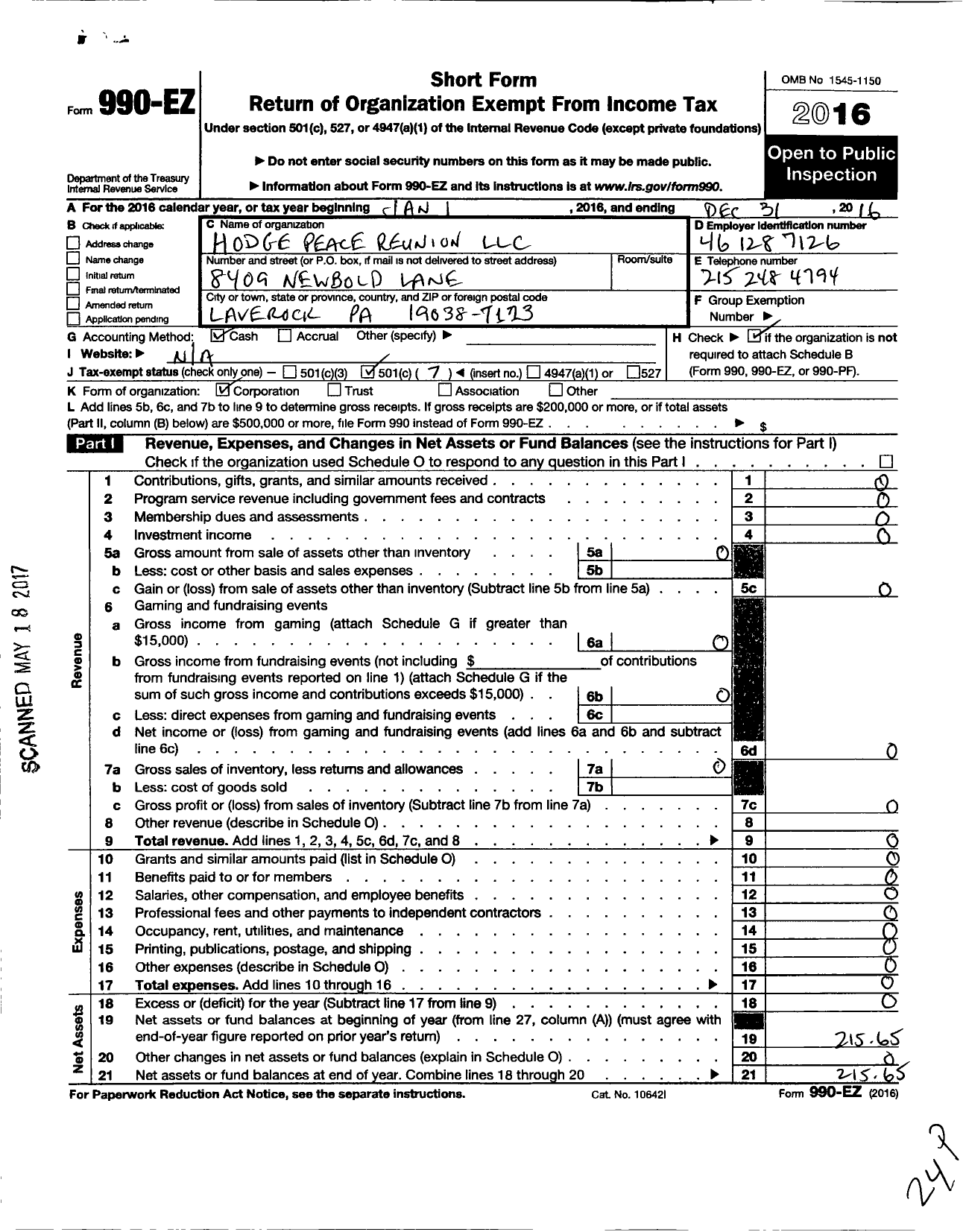 Image of first page of 2016 Form 990EO for The Hodge-Peace Reunion LLC