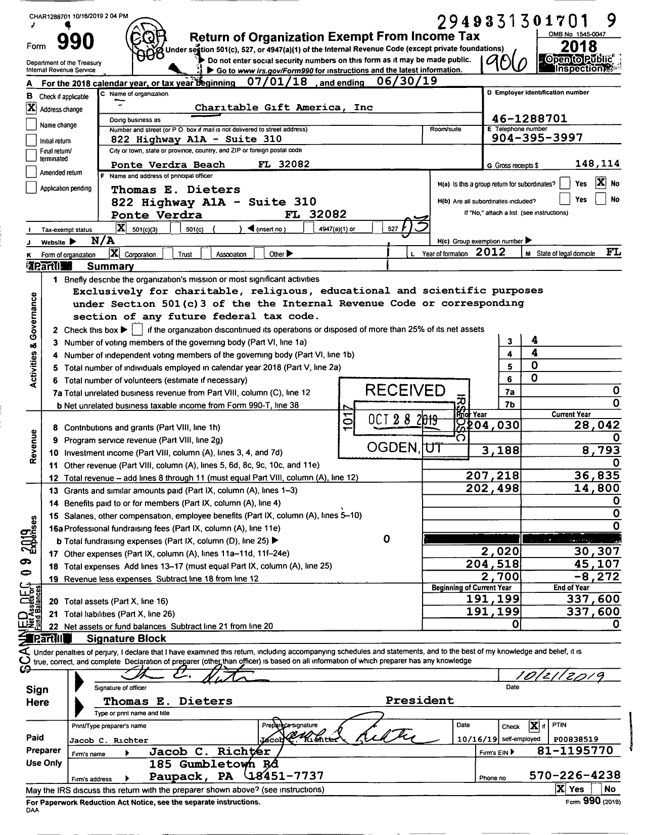 Image of first page of 2018 Form 990 for Charitable Gift America