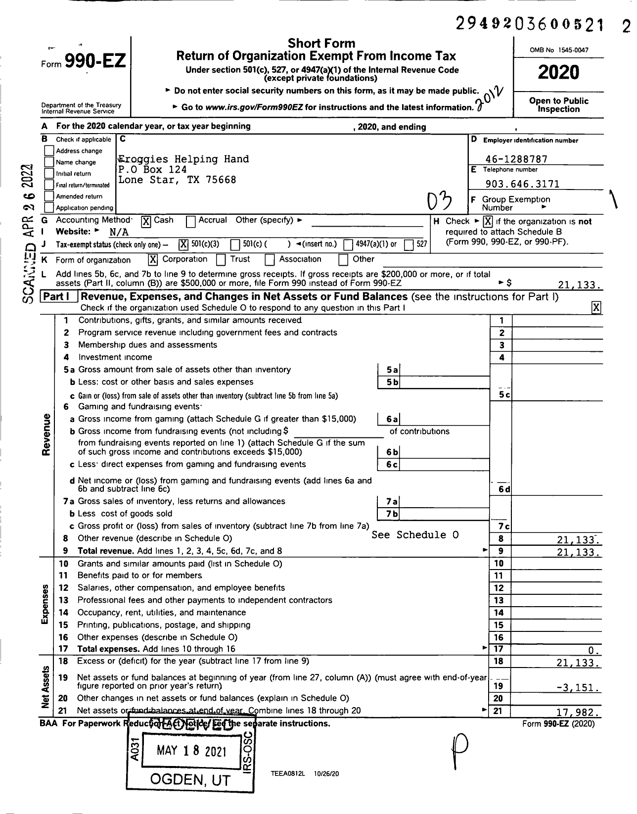 Image of first page of 2020 Form 990EZ for Froggies Helping Hand