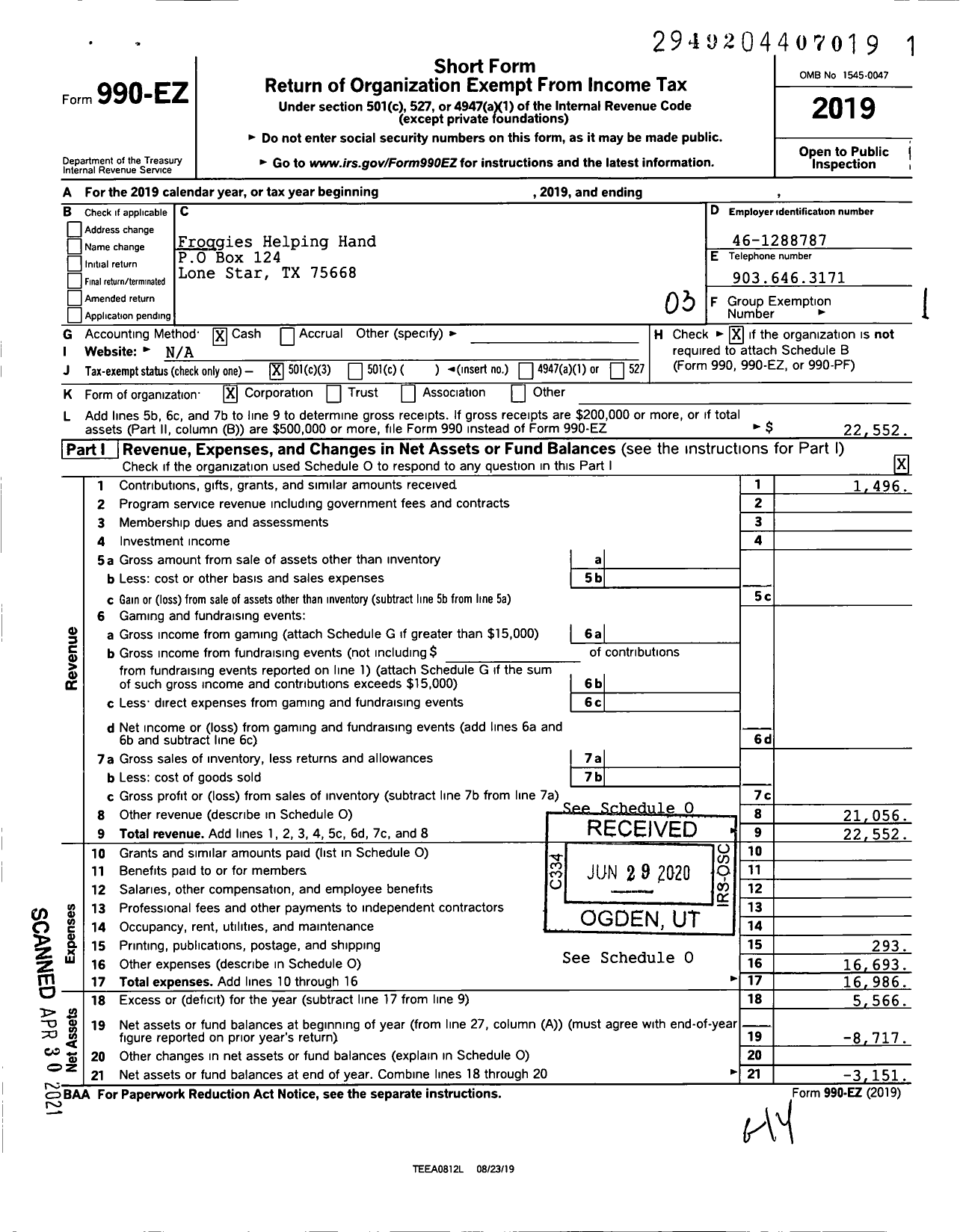 Image of first page of 2019 Form 990EZ for Froggies Helping Hand