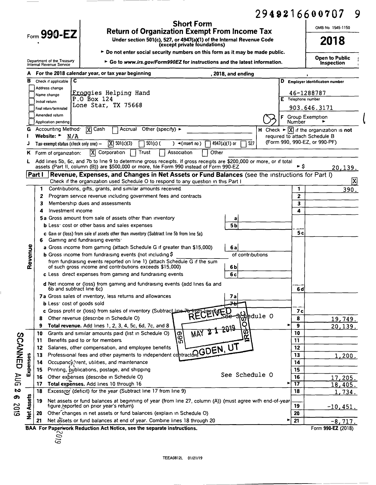 Image of first page of 2018 Form 990EZ for Froggies Helping Hand