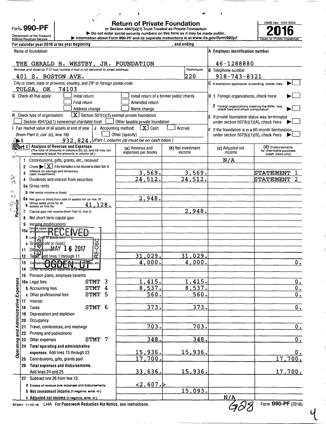 Image of first page of 2016 Form 990PF for The Gerald H Westby JR Foundation