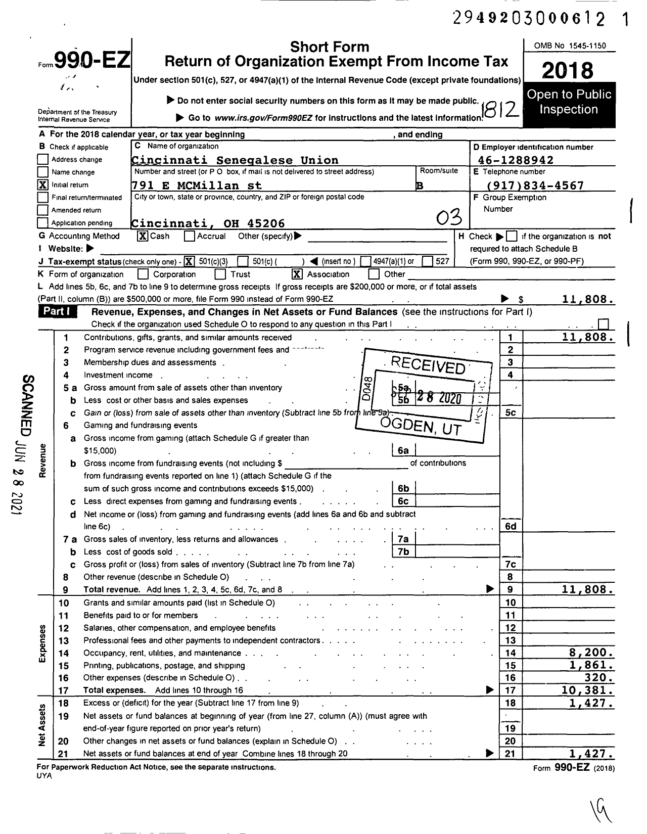 Image of first page of 2018 Form 990EZ for Cincinnati Senegalese Union