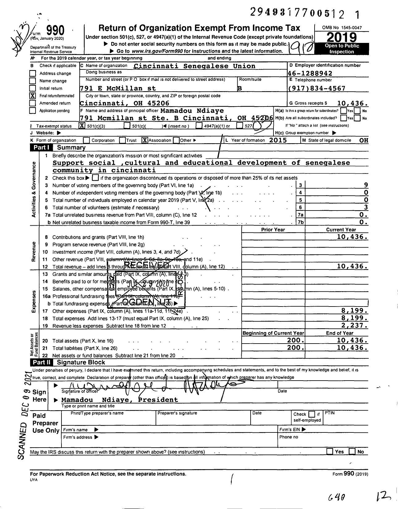 Image of first page of 2019 Form 990 for Cincinnati Senegalese Union