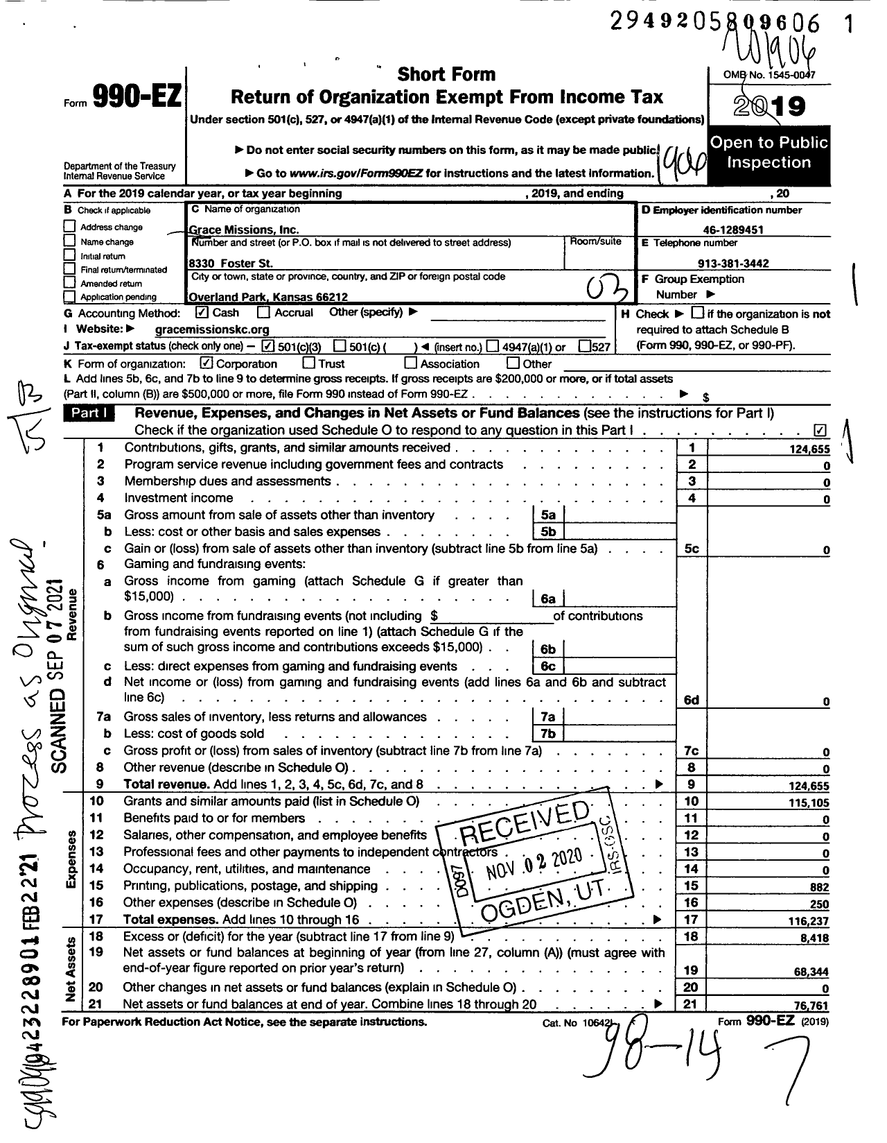 Image of first page of 2018 Form 990EZ for Grace Missions