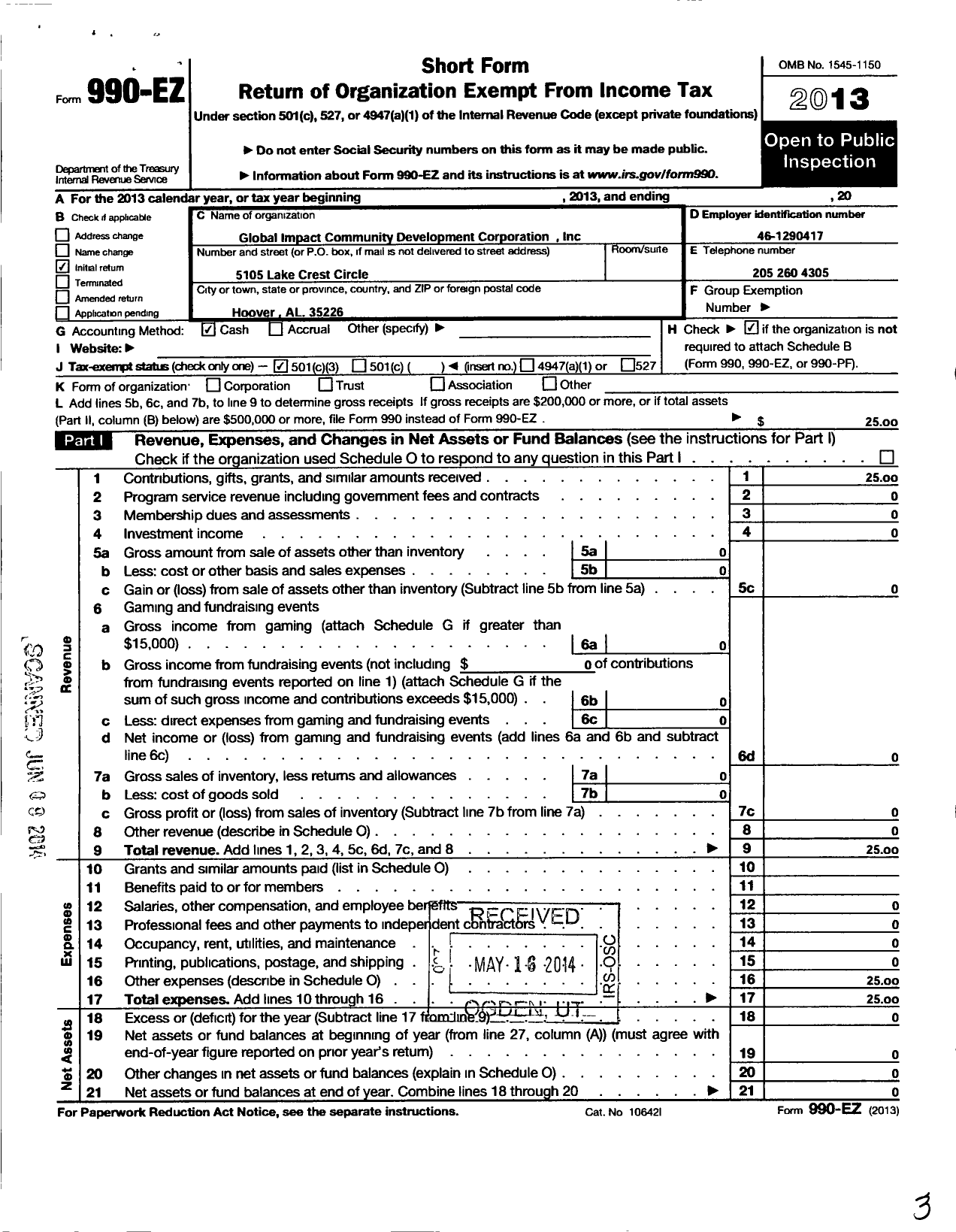 Image of first page of 2013 Form 990EZ for Global Impact Community Development Corporation