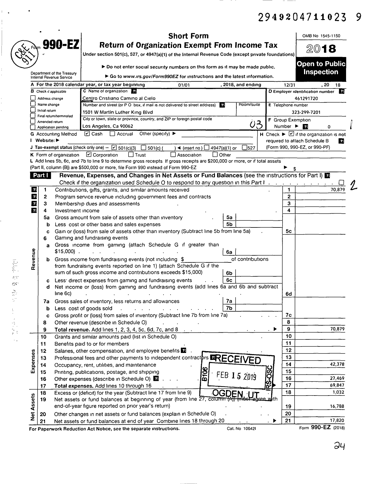 Image of first page of 2018 Form 990EZ for Centro Cristiano Camino al Cielo