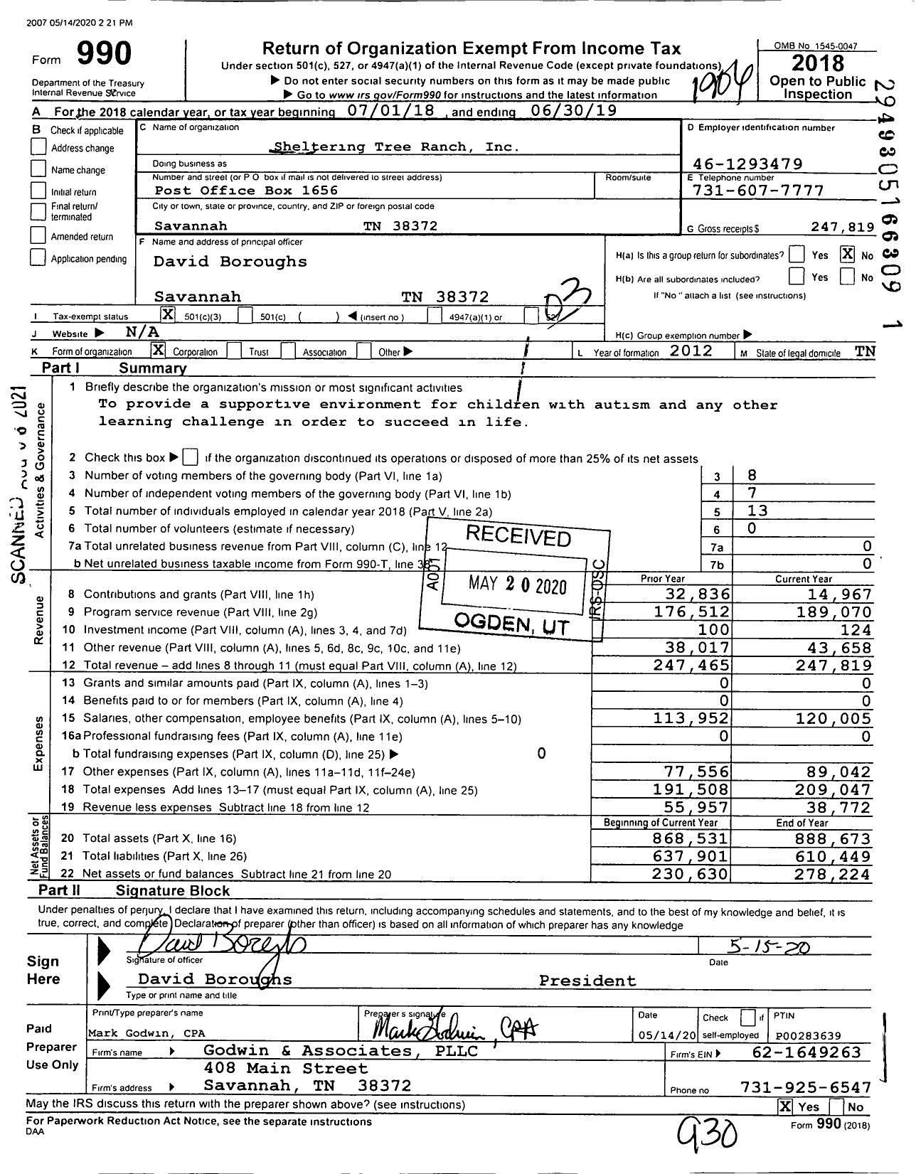 Image of first page of 2018 Form 990 for Sheltering Tree Ranch