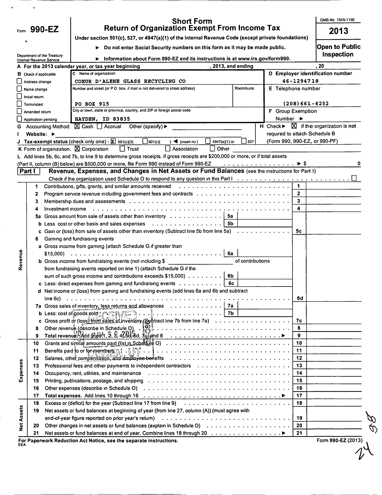 Image of first page of 2013 Form 990EZ for Coeur Dalene Glass Recycling Company