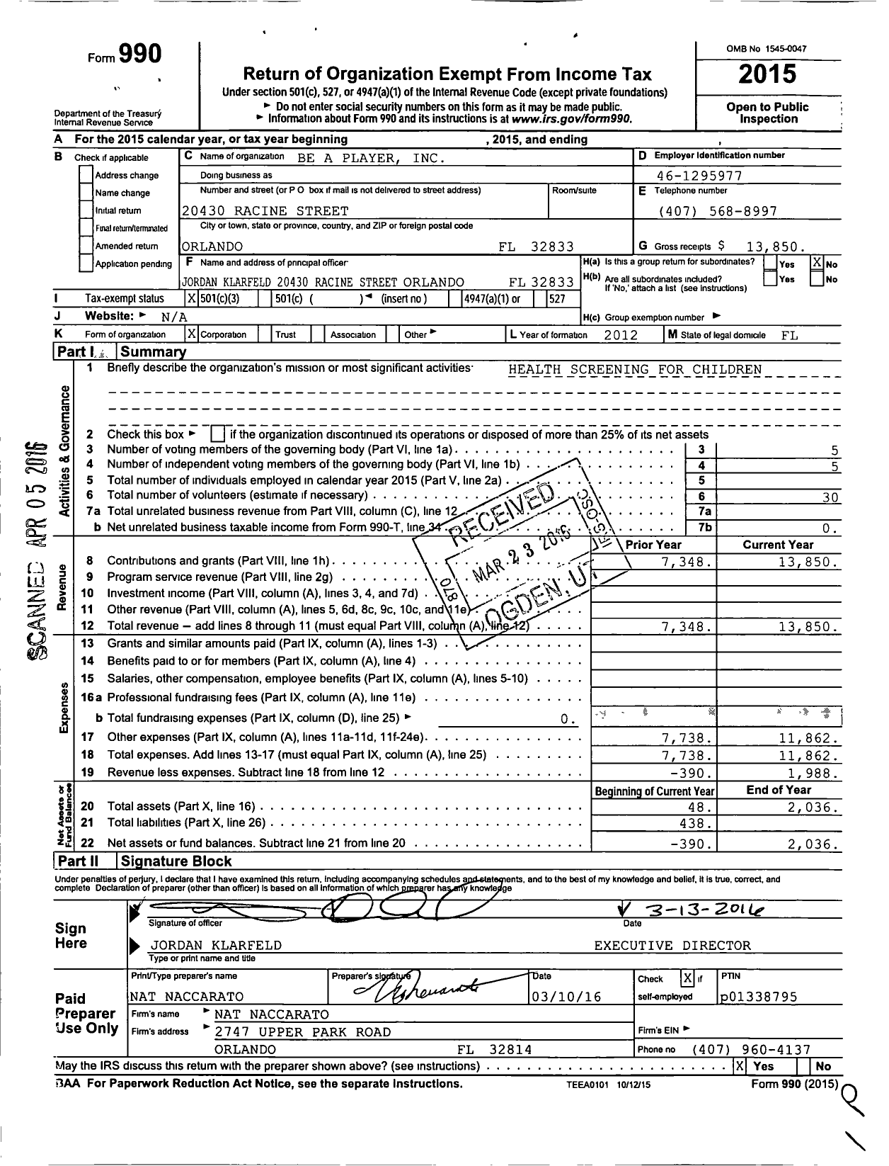 Image of first page of 2015 Form 990 for Be A Player