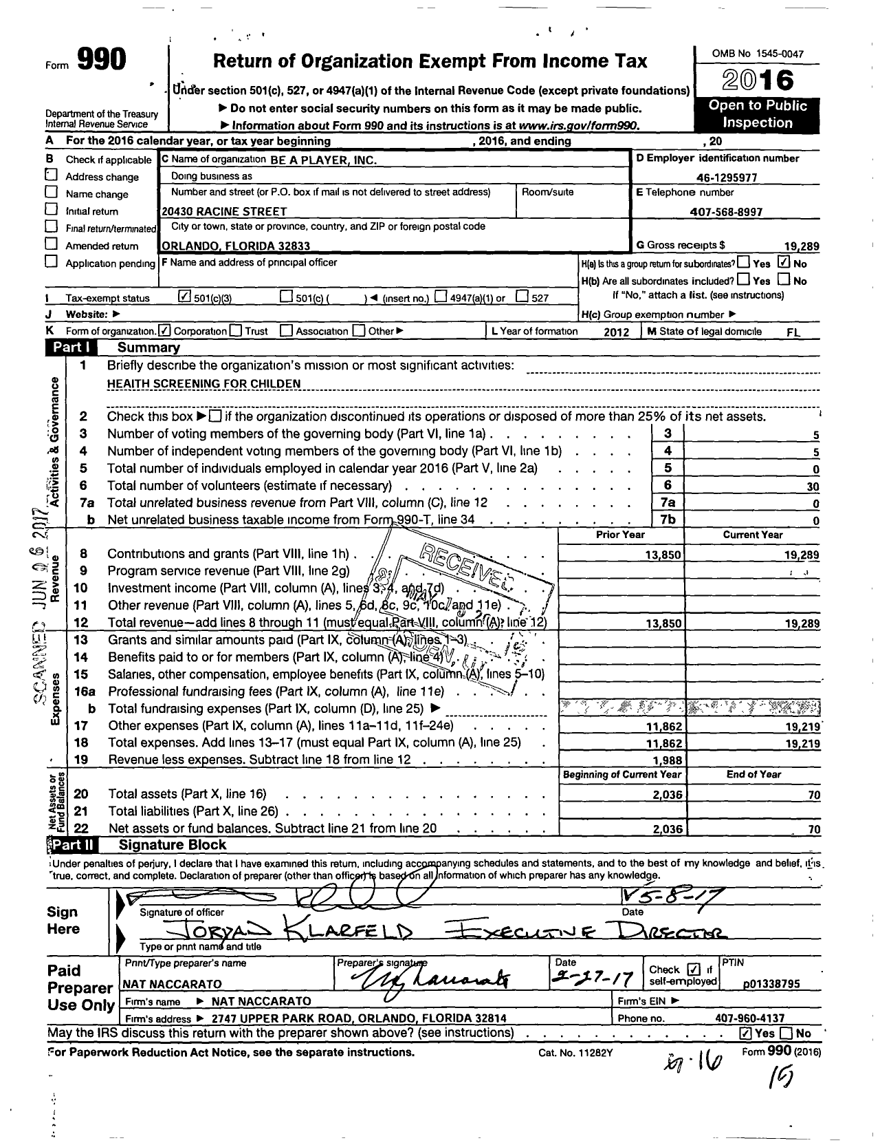 Image of first page of 2016 Form 990 for Be A Player