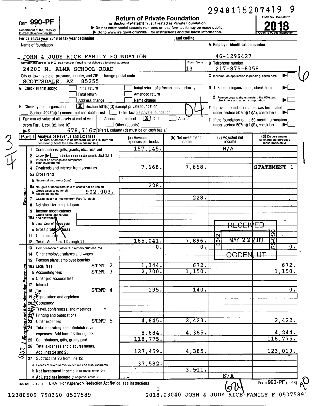 Image of first page of 2018 Form 990PF for John and Judy Rice Family Foundation