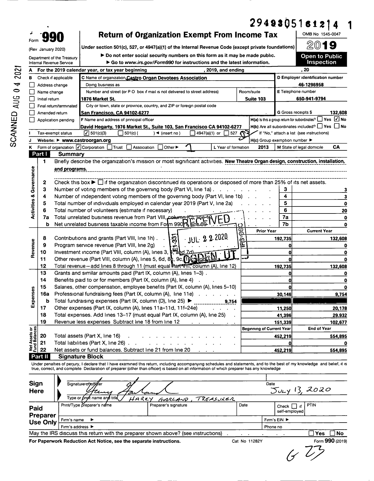 Image of first page of 2019 Form 990 for Castro Organ Devotees Association