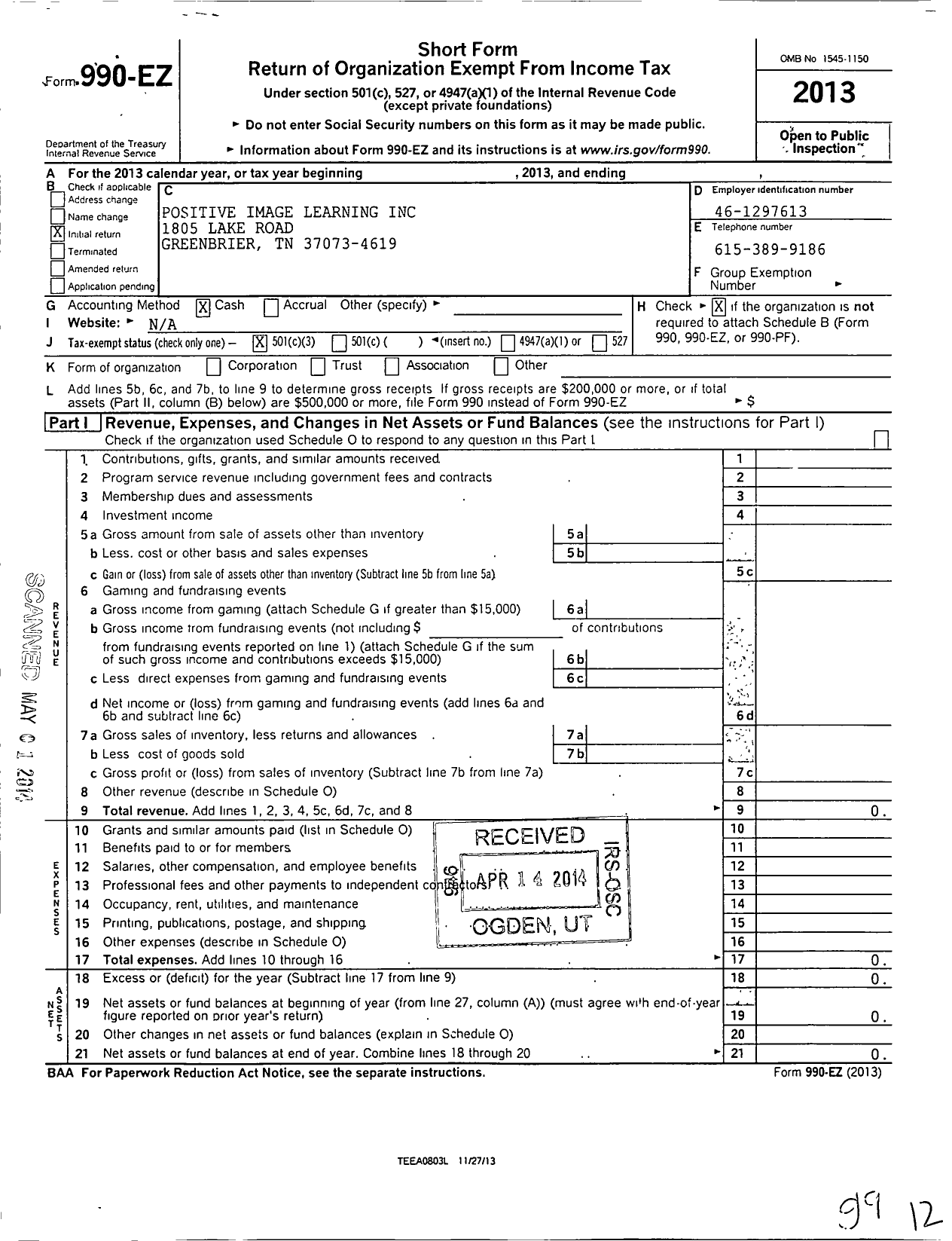 Image of first page of 2013 Form 990EZ for Positive Image Learning