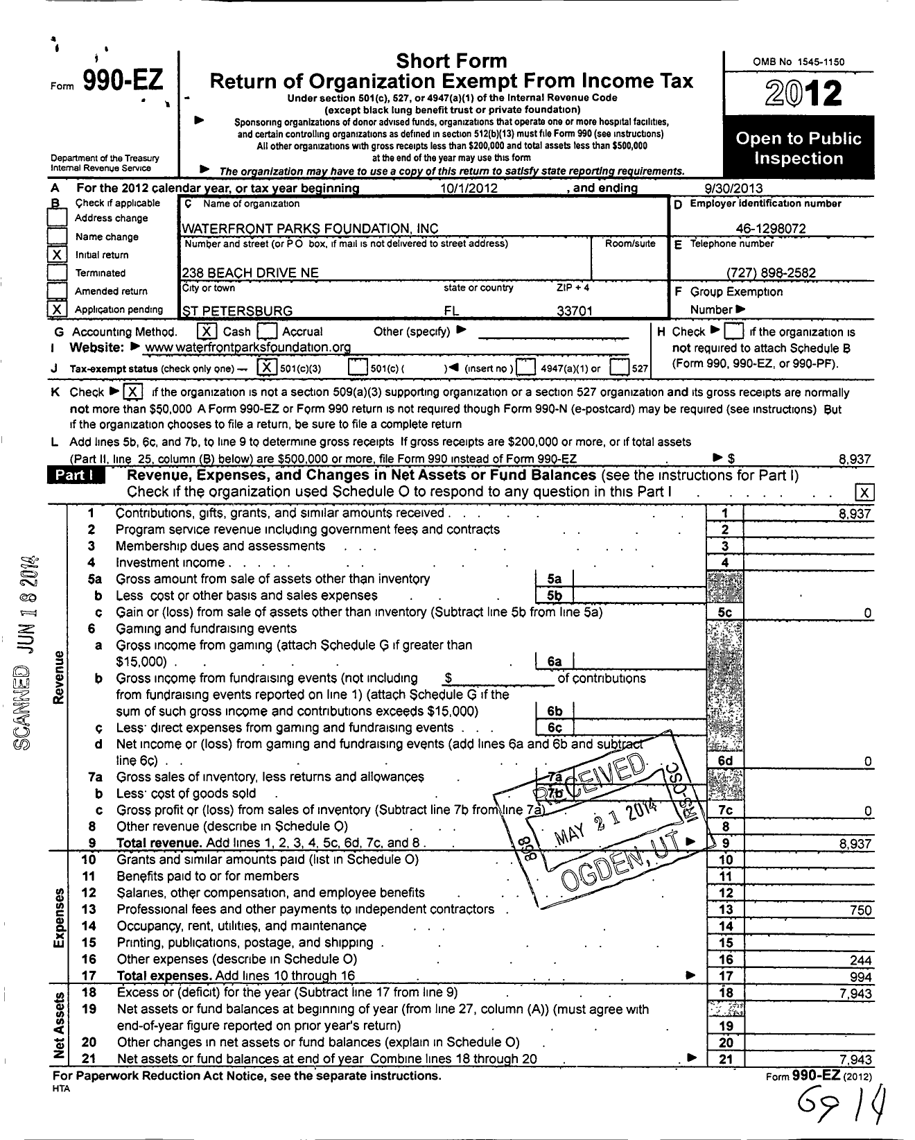 Image of first page of 2012 Form 990EZ for Downtown Waterfront Parks Foundation