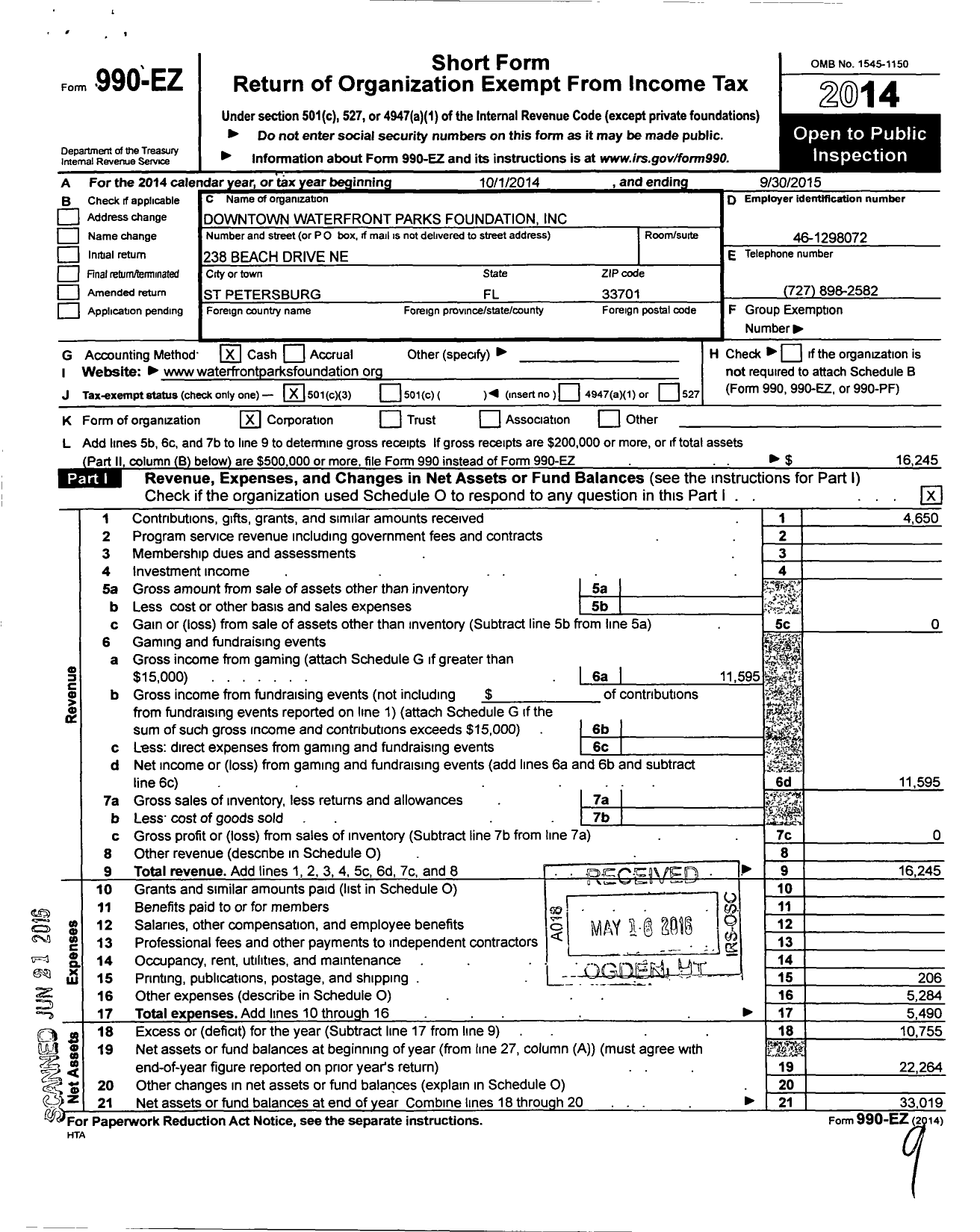 Image of first page of 2014 Form 990EZ for Downtown Waterfront Parks Foundation