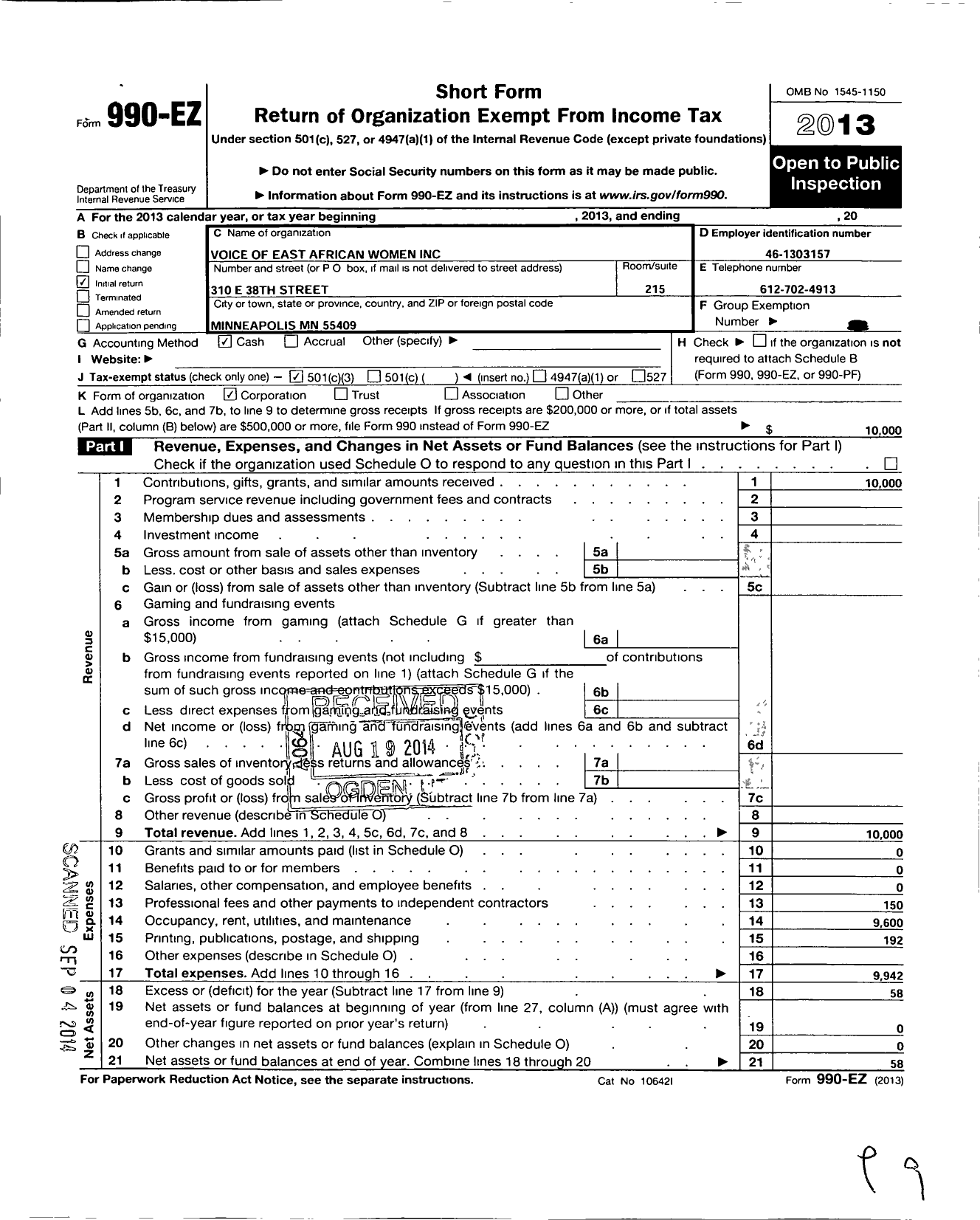 Image of first page of 2013 Form 990EZ for Voice of east African women