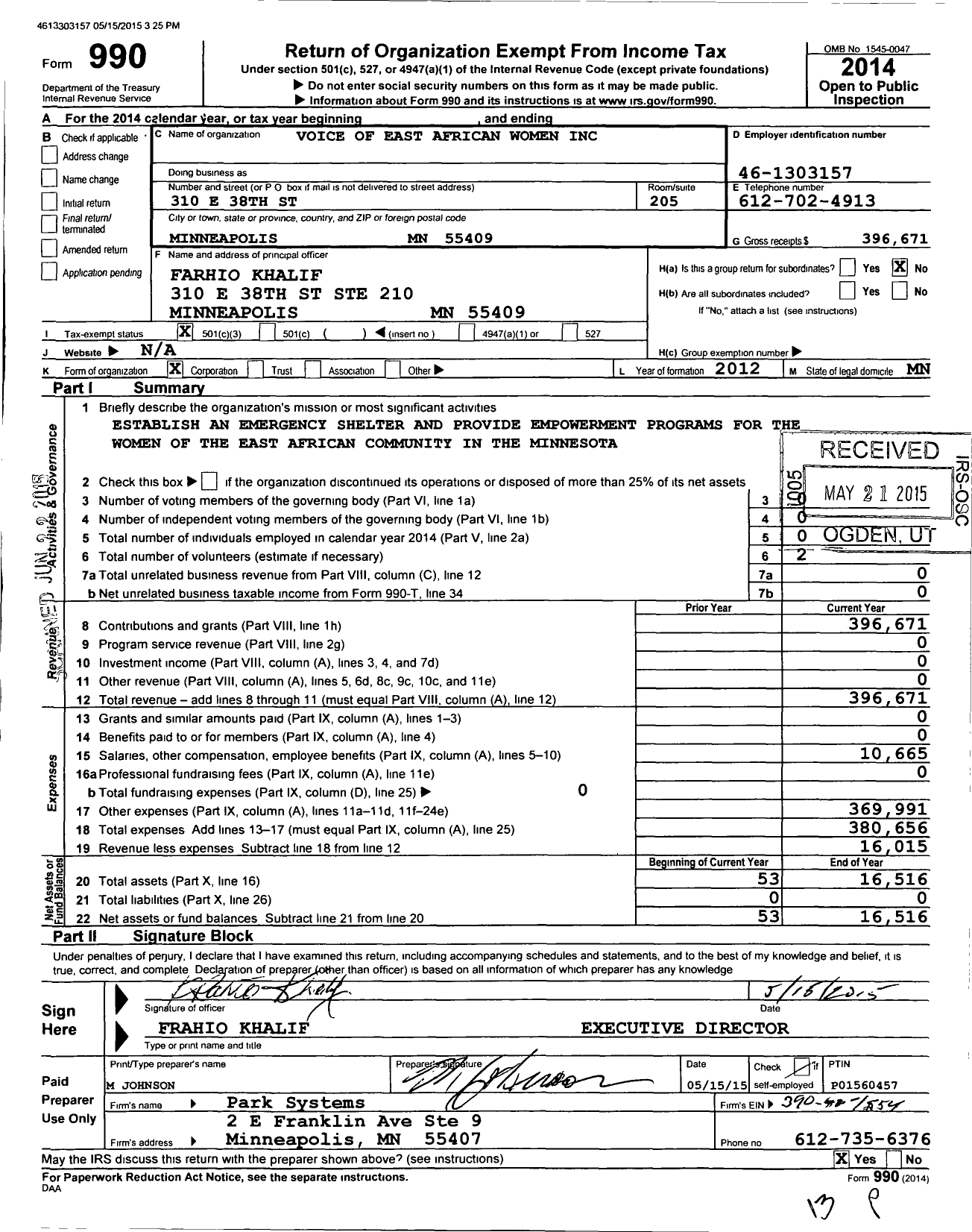 Image of first page of 2014 Form 990 for Voice of east African women