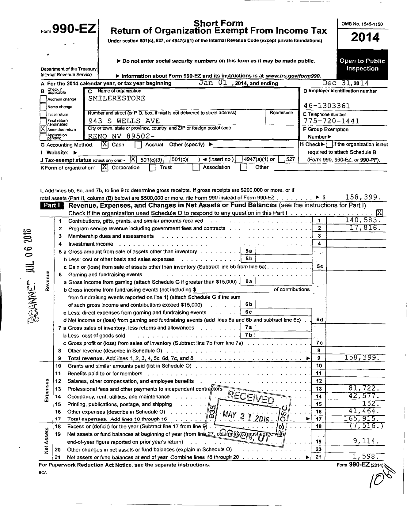 Image of first page of 2014 Form 990EZ for Smilerestore