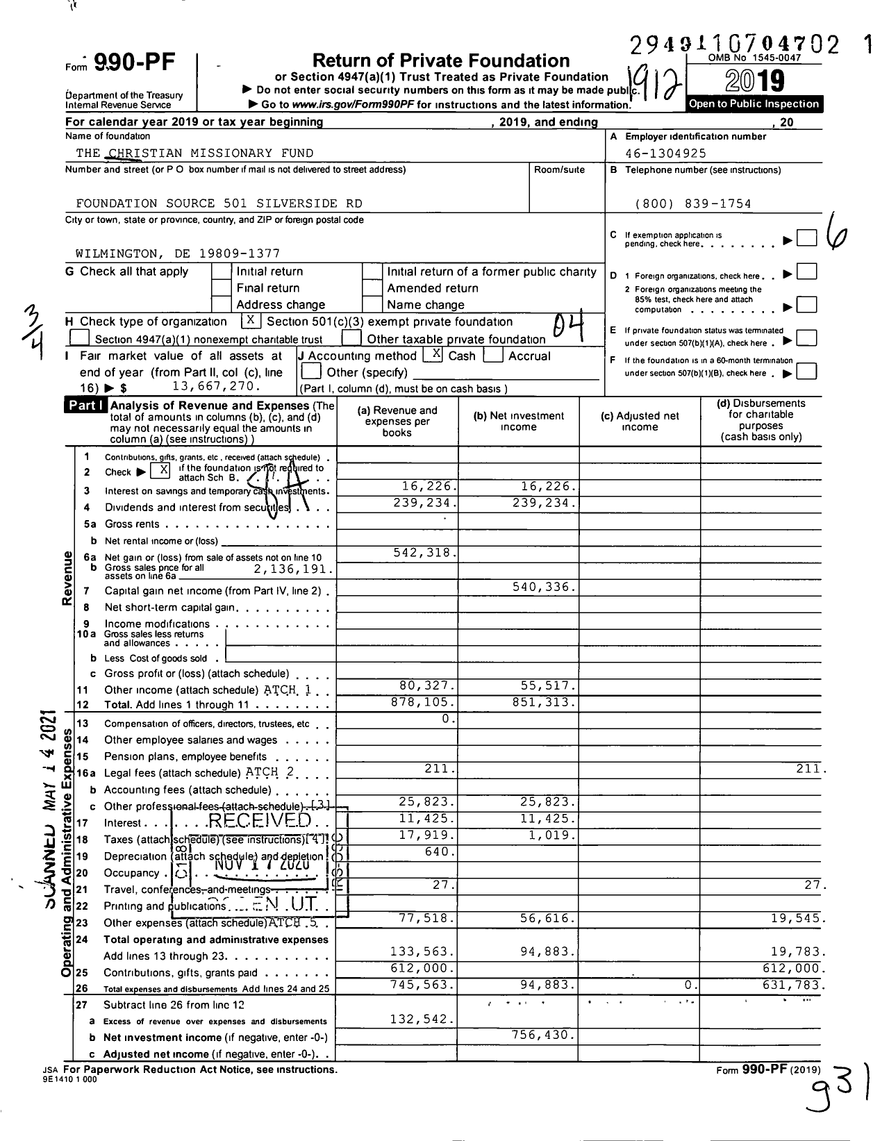 Image of first page of 2019 Form 990PF for Christian Missionary Fund