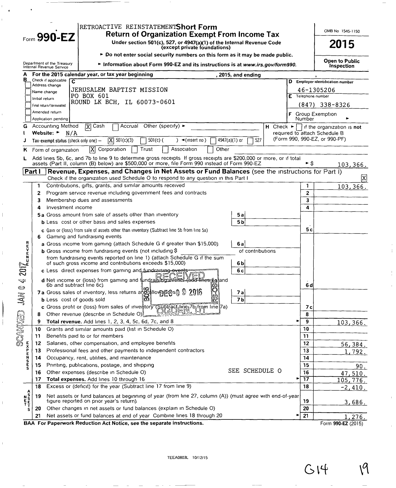 Image of first page of 2015 Form 990EZ for Jerusalem Baptist Mission