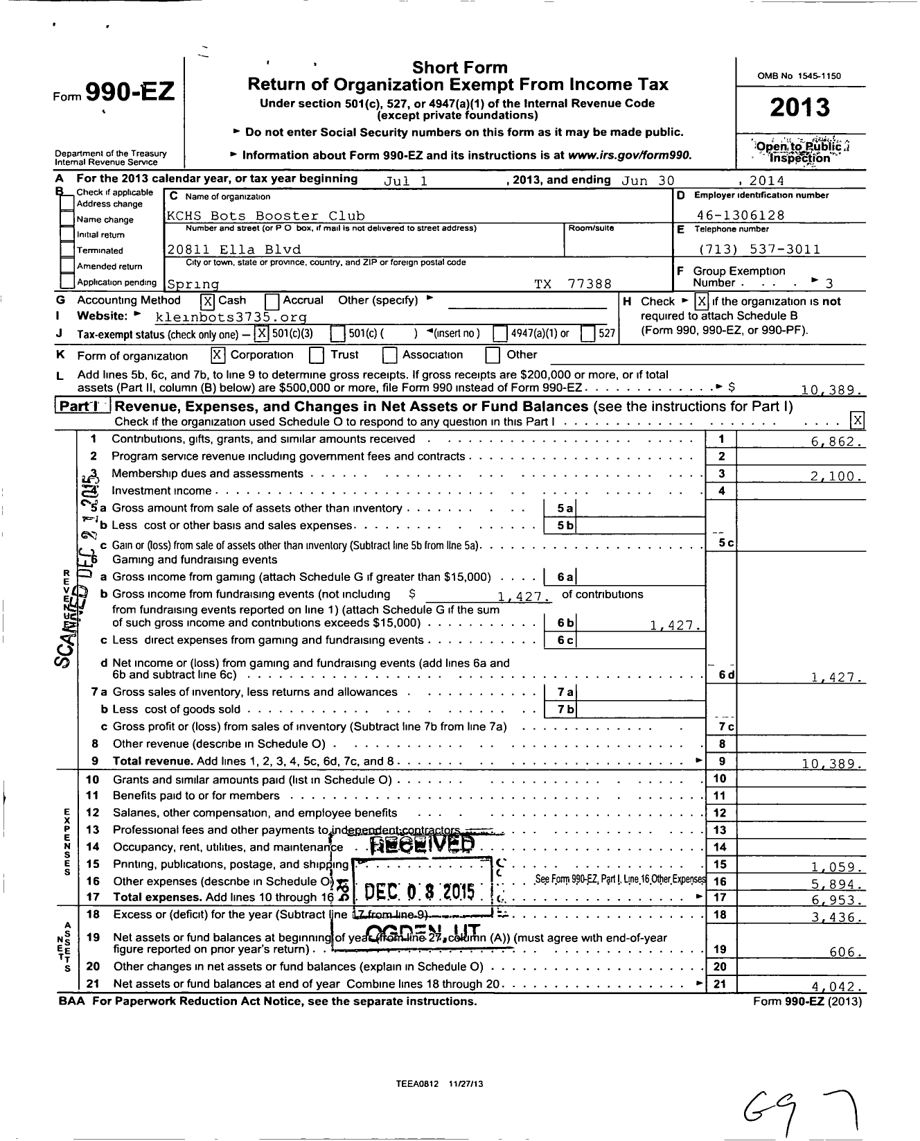 Image of first page of 2013 Form 990EZ for Klein Support Groups / Dlein Isd Robotics Society Inc