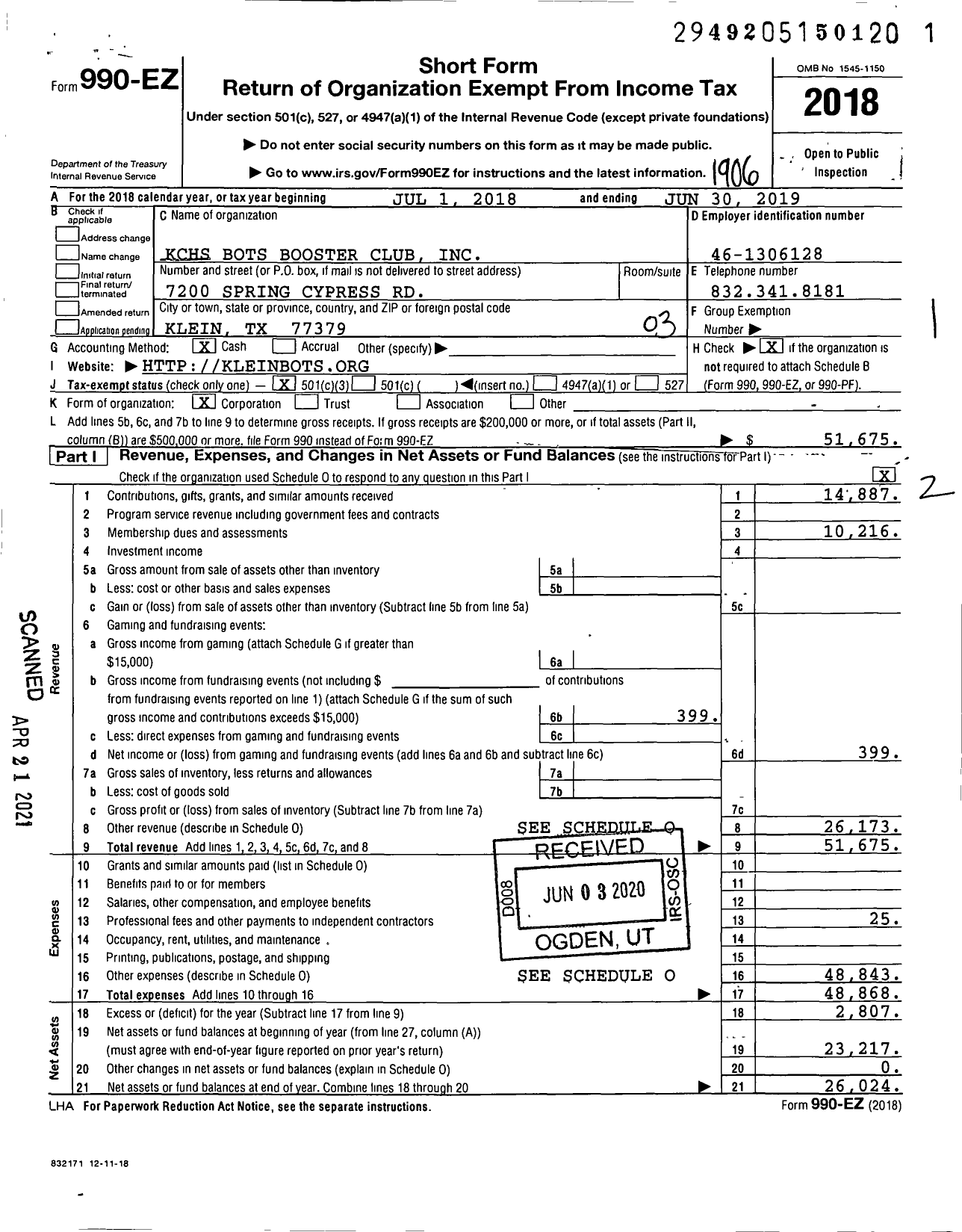 Image of first page of 2018 Form 990EZ for Klein Support Groups / Dlein Isd Robotics Society Inc