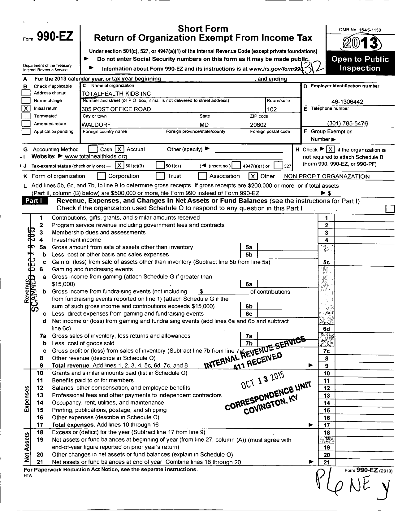 Image of first page of 2013 Form 990EZ for Totalhealth Kids