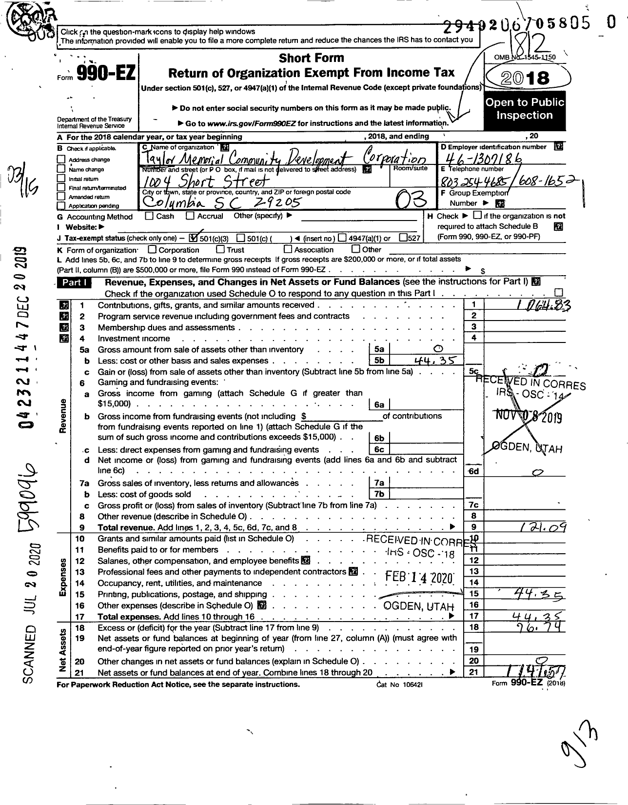 Image of first page of 2018 Form 990EZ for Taylor Memorial CDC