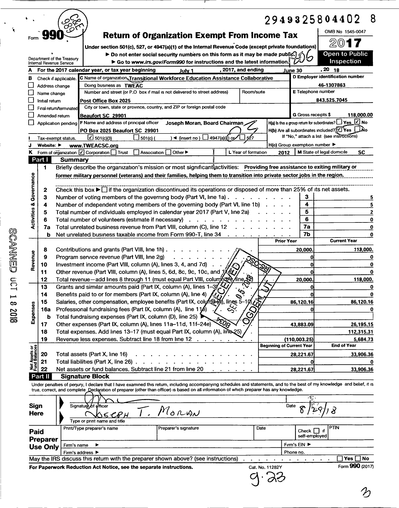 Image of first page of 2017 Form 990 for Transitional Workforce Education Assistance Collaborative (TWEAC)