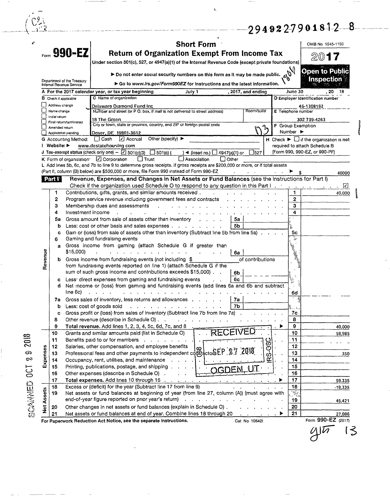 Image of first page of 2017 Form 990EZ for Delaware Diamond Fund