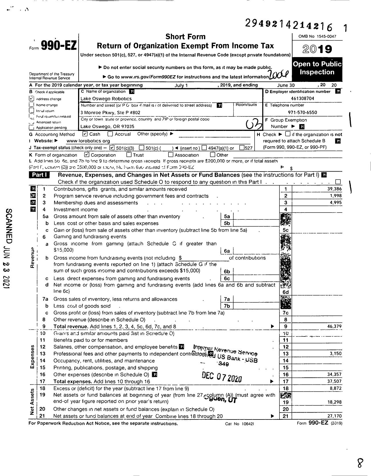 Image of first page of 2019 Form 990EZ for Lake Oswego Robotics