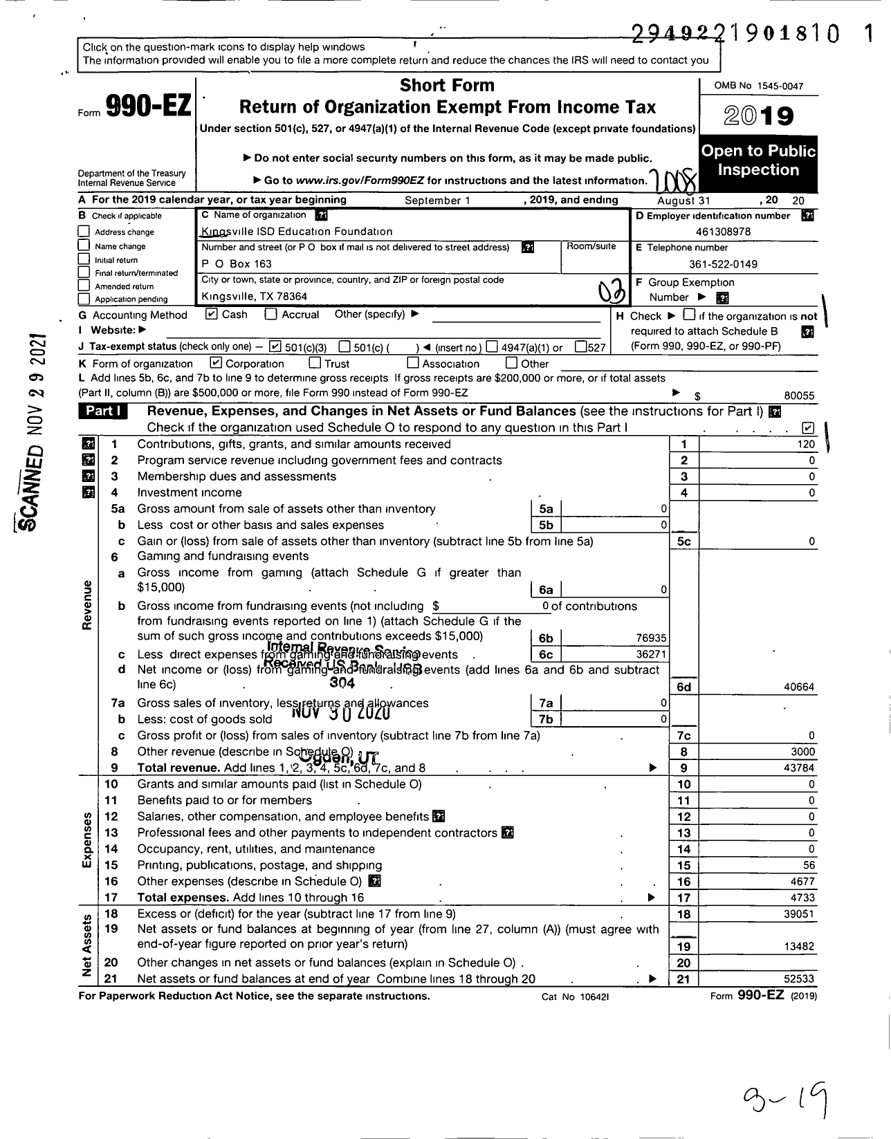 Image of first page of 2019 Form 990EZ for Kingsville Isd Education Foundation