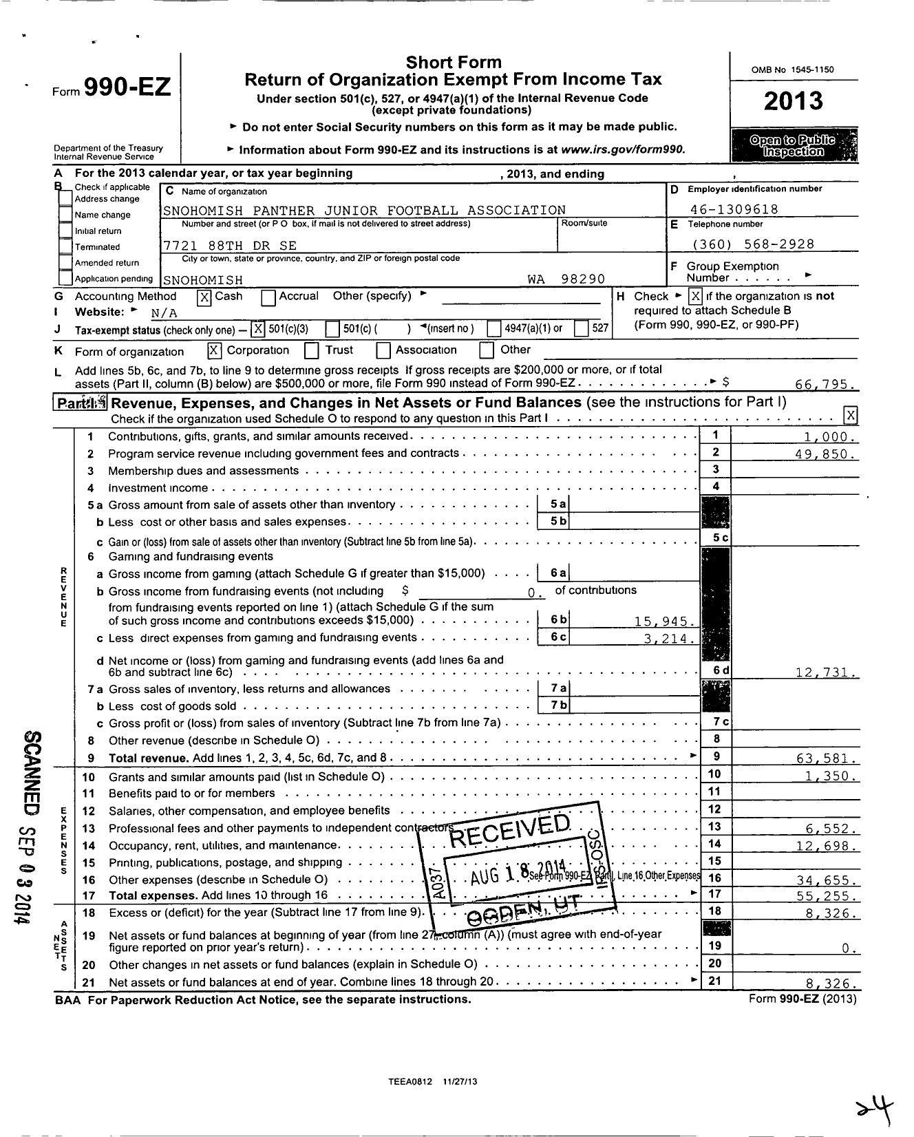 Image of first page of 2013 Form 990EZ for Snohomish Junior Panther Football