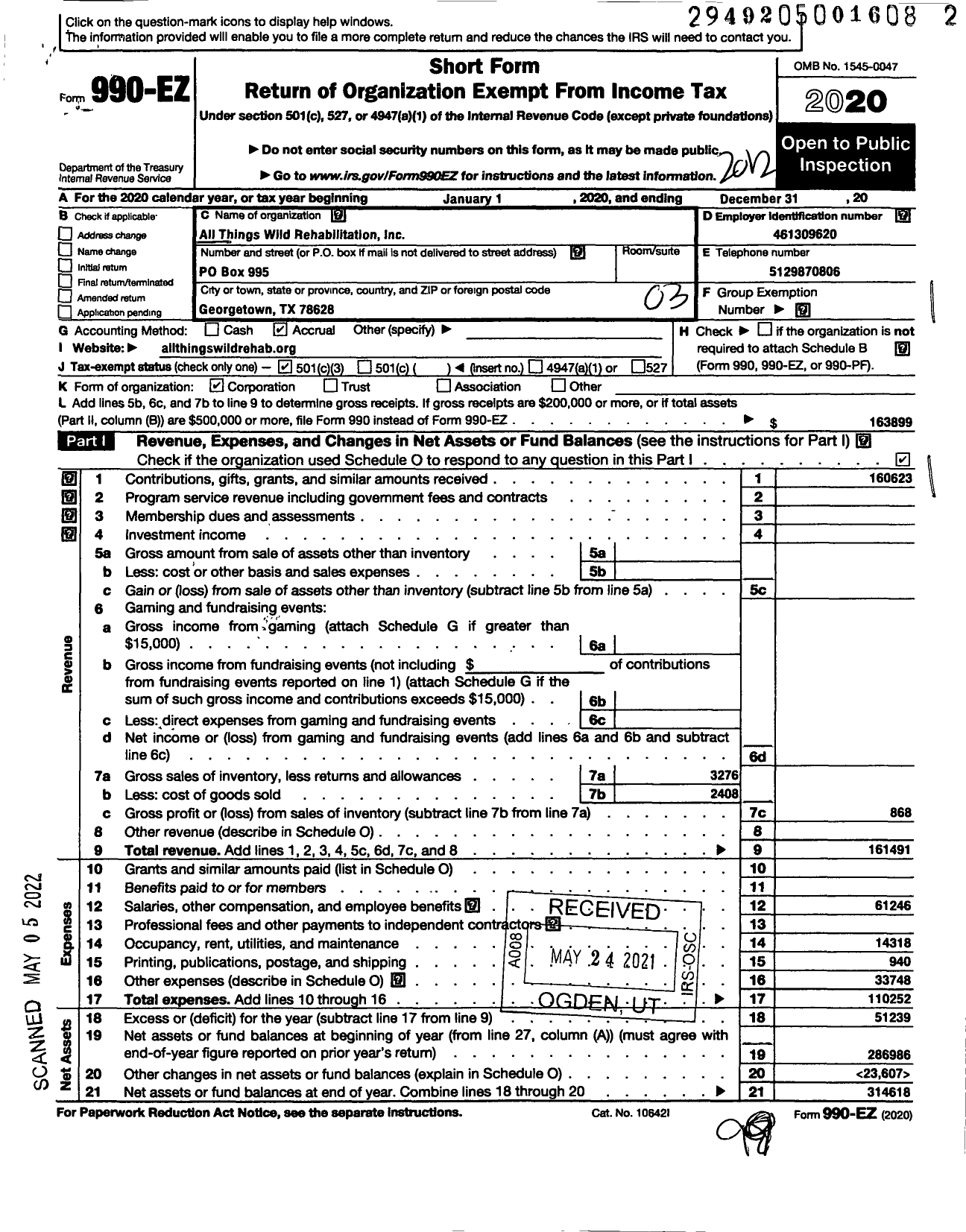 Image of first page of 2020 Form 990EZ for All Things Wild Rehabilitation