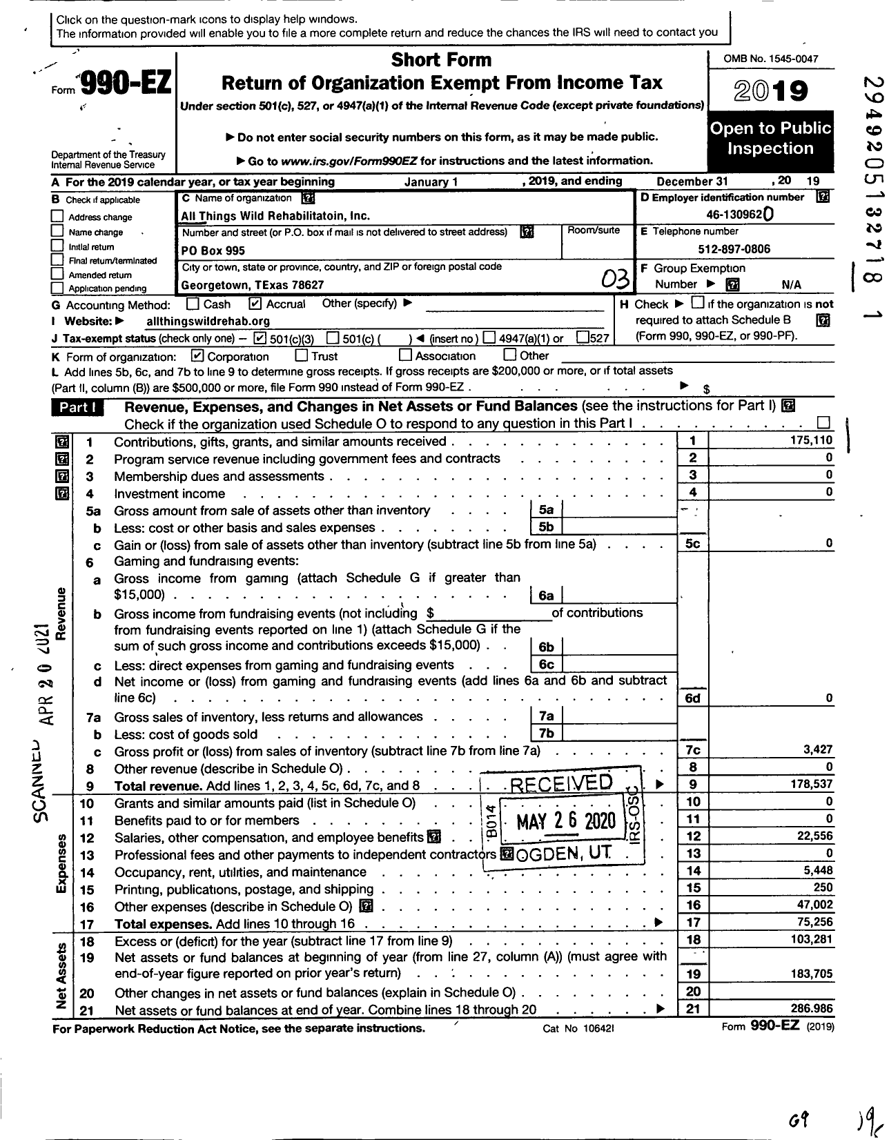 Image of first page of 2019 Form 990EZ for All Things Wild Rehabilitation