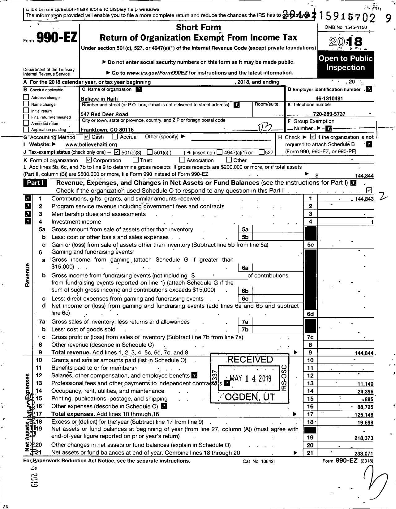 Image of first page of 2018 Form 990EZ for Believe in Haiti