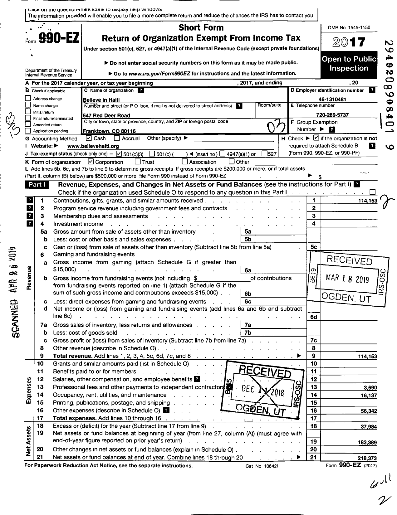 Image of first page of 2017 Form 990EZ for Believe in Haiti