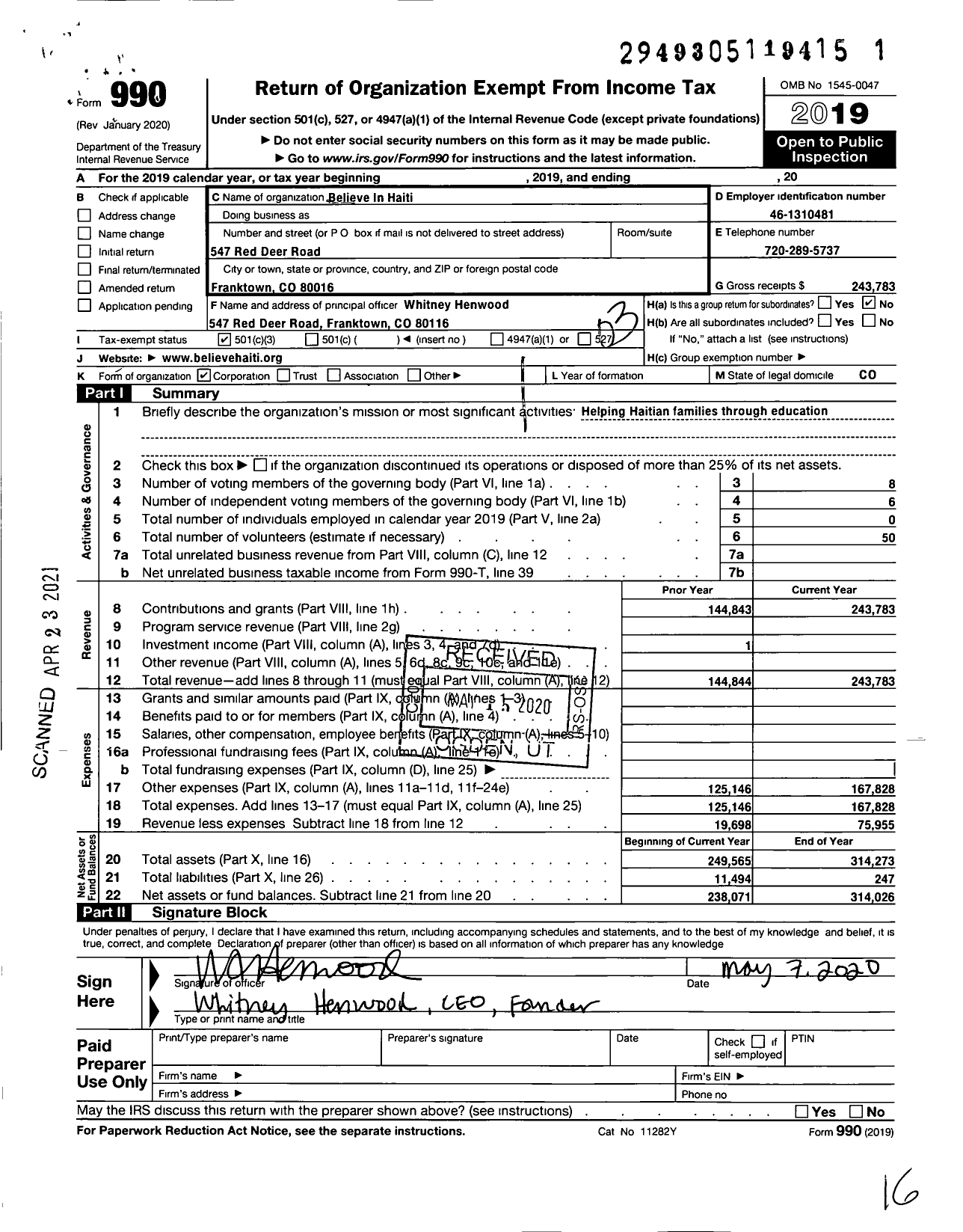 Image of first page of 2019 Form 990 for Believe in Haiti