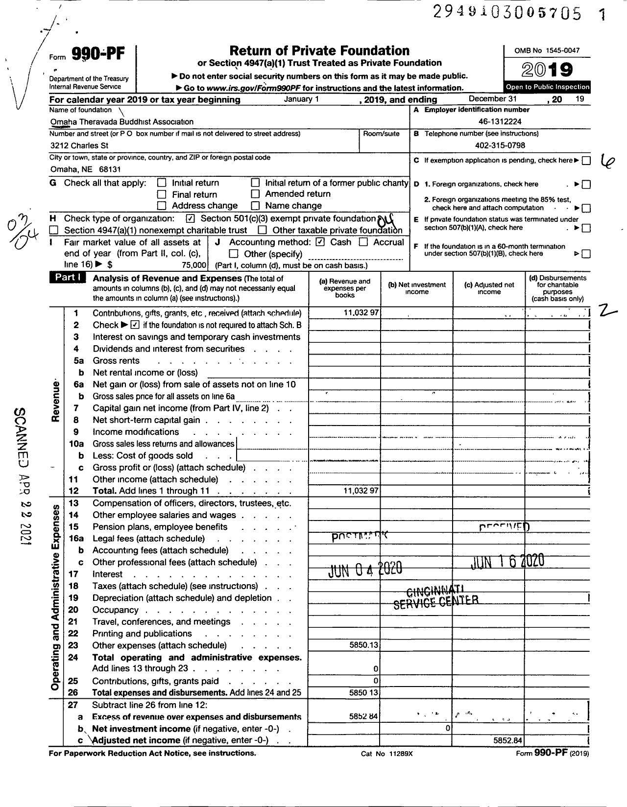 Image of first page of 2019 Form 990PF for Omaha Theravada Buddhist Association